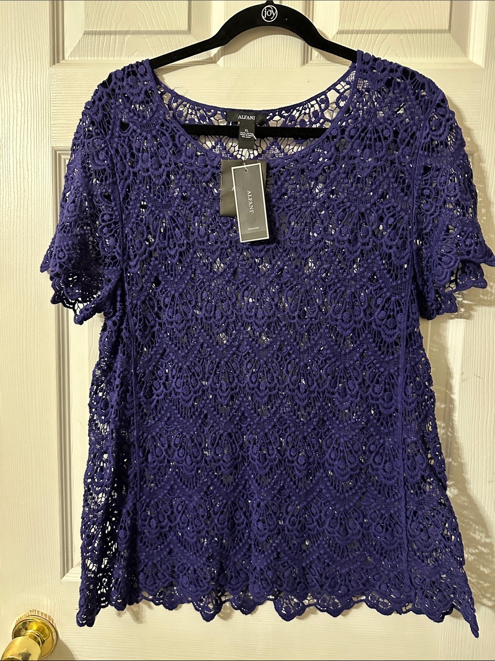 Alfani Deep Purple Crochet Short-Sleeve Blouse